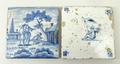 An 18th century blue and white English delftware tile depicting a figural scene, and another depicti... 