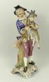 A Sitzendorf porcelain figure, late 19th century, modelled as a boy holding a goat and pan pipes, ra... 