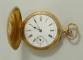 A lady's 18ct gold hunting cased pocket watch, the white enamel dial bearing Roman numerals, subsidi... 