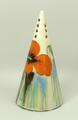 A Clarice Cliff Bizarre conical sugar shaker painted in the 'Delicia Poppy' pattern, printed mark, 1... 