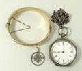 A Victorian silver lady's open faced, key wind pocket watch, enamel dial bearing Roman numerals, oct... 