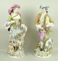 A pair of Helena Wolfson, Meissen, porcelain figures modelled as a gallant with French bagpipes and ... 