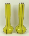A pair of yellow and black Art Deco studio glass vases, with silver tops, London 1923, 20cm high.