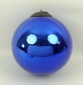 A mirrored blue glass witch's ball with a ring suspension copper mount, 20cm diameter.
