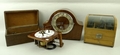 A 1930's mantel clock with deco inlay, and a collection of watchmakers tools, including a vice, and ... 