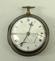 A George III gentleman's silver pair cased, open faced, key wind pocket watch, enamel dial bearing R... 