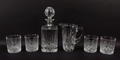 A Thomas Webb cut glass square whisky decanter and stopper, 27cm, water jug, 17cm, and four tumblers... 