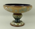 A Doulton Lambeth stoneware fruit bowl of circular, pedestal form, chine decorated with flowers agai... 