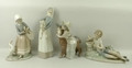 A Lladro porcelain figure of a girl with a lamb 4584, boy with donkey 4154, Pleasant Encounter 4858,... 