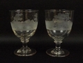 A pair of hand blown and engraved goblets, with ground pontils, the bowl wheel engraved with hunting... 