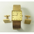 A vintage 9ct gold Omega watch, the square dial with baton numerals, marked Omega De Ville, on textu... 