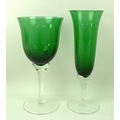 A collection of 1930's Czechoslovakian glasses with green trumpet shaped bowls and clear stems, comp... 