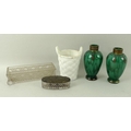 A group of glassware comprising a late 19th century white pressed glass basket, 10cm, two green glas... 