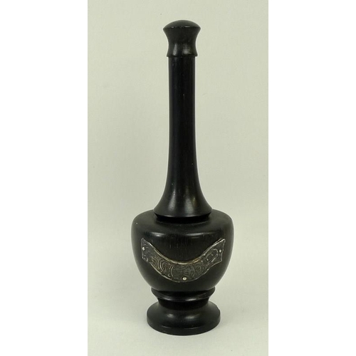 350 - An ebony pestle and mortar, 18th century, with screw in pestle and silver ribbon mount, London 1783,... 