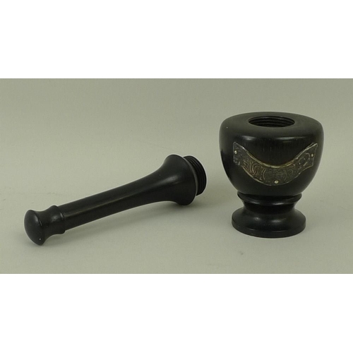 350 - An ebony pestle and mortar, 18th century, with screw in pestle and silver ribbon mount, London 1783,... 