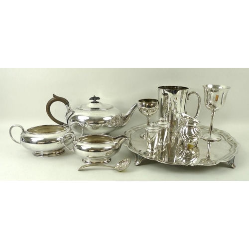 351 - A three piece silver plated tea set, tea pot stamped to base James Dixon & Sons, Sheffield, E.P.B.M.... 