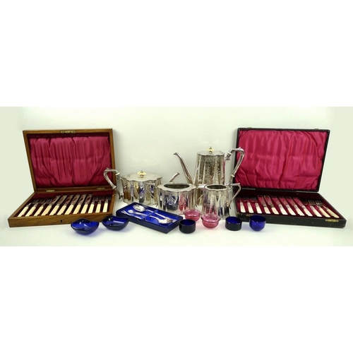 358 - A Victorian plated coffee and tea set, fluted with bone finials, a three piece set of preserve spoon... 