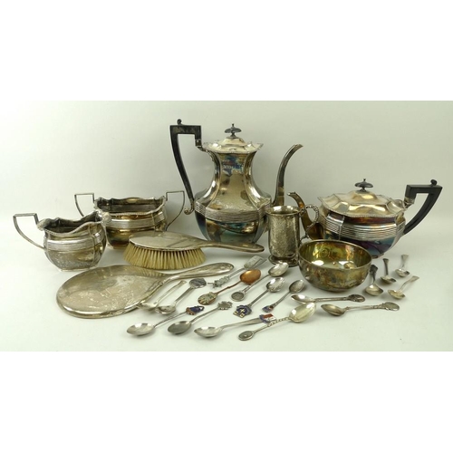 368 - A group of silver and plated wares, comprising a silver backed brush and mirror, christening tankard... 