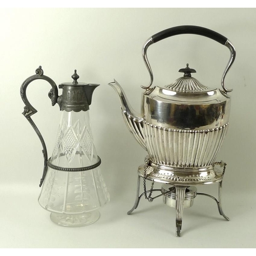 376 - An Edwardian silver plated teapot on stand, with burner, and a cut glass and plated silver 1890's cl... 