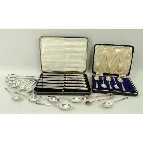 379 - A group of silver flatware, comprising a set of six silver handled butter knives, Sheffield 1931, 19... 