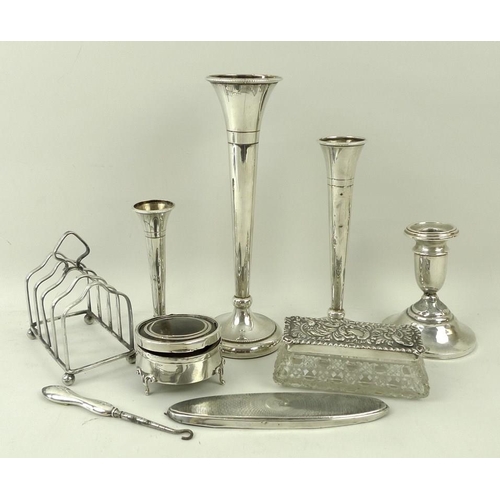 381 - A group of silver items comprising three graduated bud vases, 12 to 21cm, a faux tortoiseshell and s... 