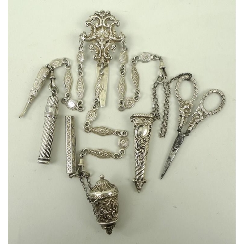 382 - A Victorian silver chatelaine, Birmingham 1890, Lawrence Emanuel, comprising pencil, scissors, and l... 