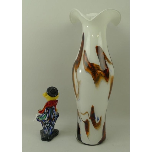 39 - A 1960's Art Glass vase, with lily trumpet and flared rim, 40cm high, and a Murano glass clown, 18cm... 