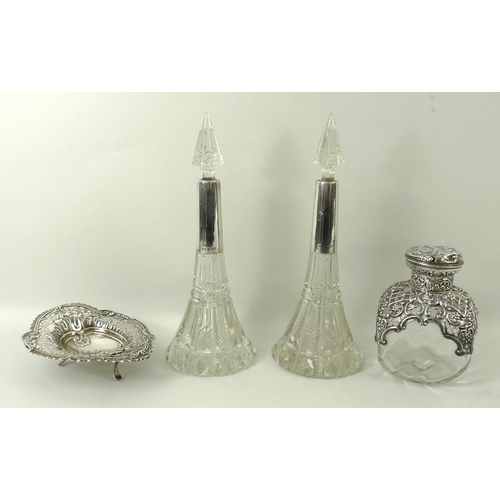 400 - A pair of cut glass and silver collared perfume bottles of inverted trumpet form, with stoppers, Bir... 