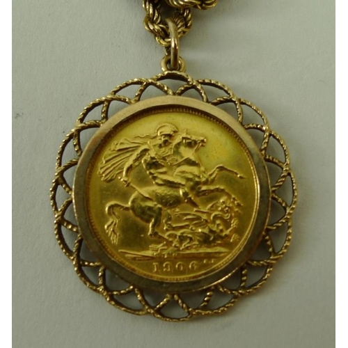 418 - An Edward VII gold sovereign, 1906, mounted in 9ct gold as a pendant, with a 9ct gold chain, 15.4g t... 