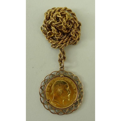 418 - An Edward VII gold sovereign, 1906, mounted in 9ct gold as a pendant, with a 9ct gold chain, 15.4g t... 