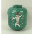 A Gustavsberg vase, in green ground with silver highlights depicting a dancing putto with flowers, a... 