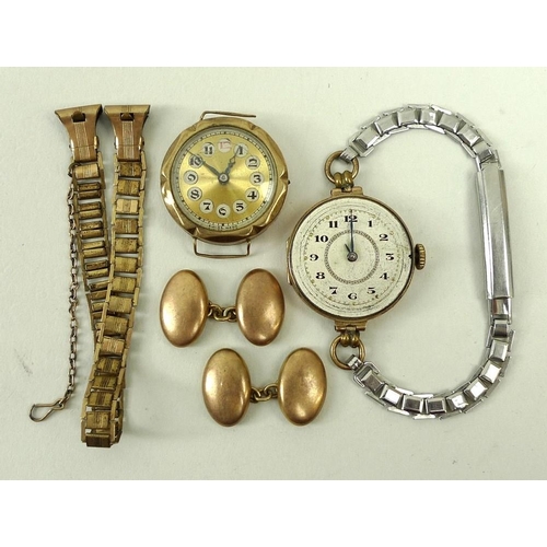 423 - A lady's 9ct gold cased pocket watch, with Arabic numerals, a further 9ct gold watch, and a pair of ... 