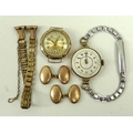 A lady's 9ct gold cased pocket watch, with Arabic numerals, a further 9ct gold watch, and a pair of ... 