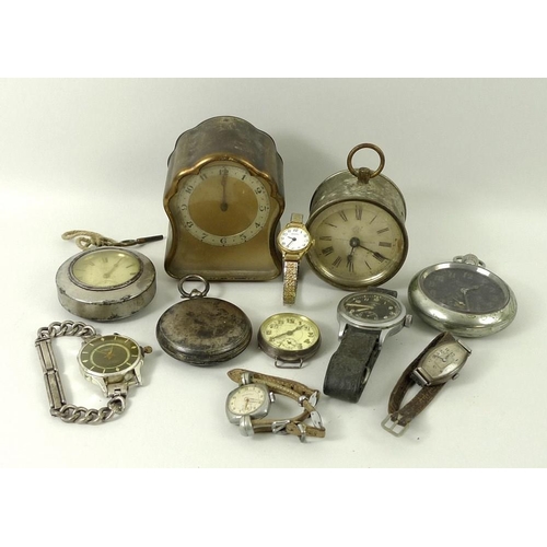 437 - A collection of vintage clocks and watches, comprising a black faced Lemania military wristwatch, wi... 