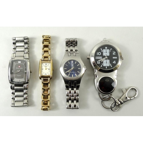 438 - A collection of watches comprising a Montre Suisse Quartz wristwatch, the rectangular face with bloc... 