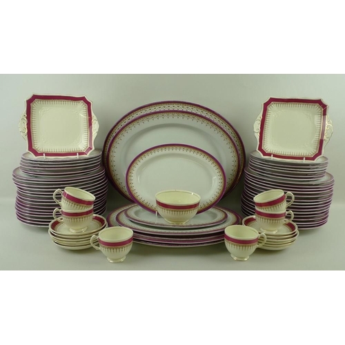 47 - A Royal Worcester dinner service, 19th century, with puce border and gilded bands, comprising nine o... 