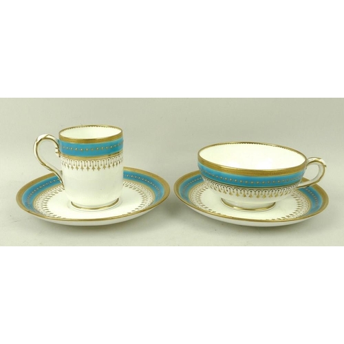 65 - A 19th century Mintons part tea and coffee service, decorated with a turquoise band with gilt detail... 