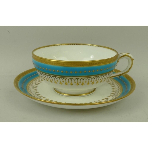 65 - A 19th century Mintons part tea and coffee service, decorated with a turquoise band with gilt detail... 