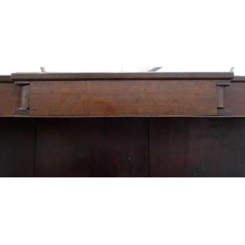 665 - An 18th century oak breakfront dresser, plate rack with three shelves and turned pilaster decoration... 