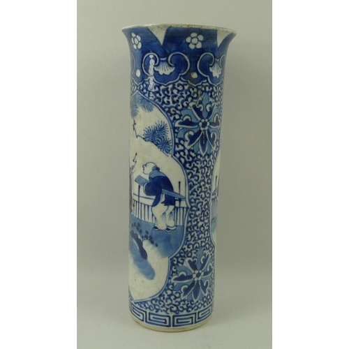 70 - A Chinese porcelain sleeve vase with flared rim, 18th century, decorated in underglaze blue with a s... 