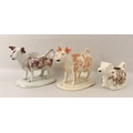A group of three Staffordshire cow creamers, comprising a creamer on oval stand with terracotta blus... 
