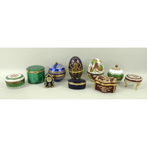 701A - A collection of porcelain, enamel and malachite boxes, 20th century, comprising Halcyon Days Enamels... 