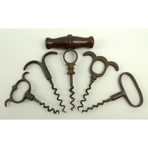 705A - An early 19th century Midland / Derby rams horn corkscrew, iron forged with knop and circle shaft, w... 