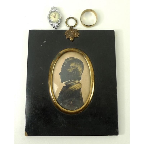 709 - An early 19th century silhouette portrait miniature of a gentleman, a 9ct gold ring, size W, 3.4g, a... 