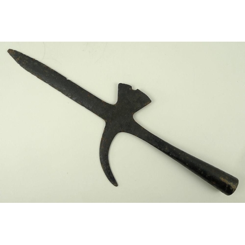 730 - A forged iron halberd head, of simple form with small blade, 48 by 17cm.