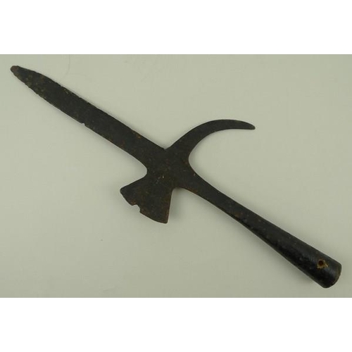 730 - A forged iron halberd head, of simple form with small blade, 48 by 17cm.