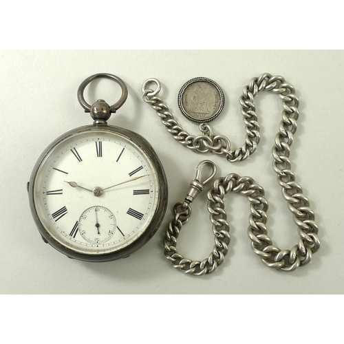 735 - A silver verse pocket watch, a silver Albert chain, and a Victorian silver four pence coin set into ... 