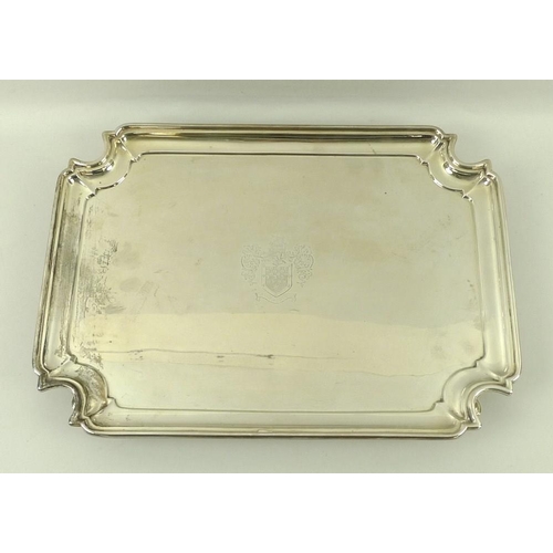 737 - An Edwardian silver tray, rectangular with incuse corners, engraved crest of 'Wandsworth' family, 'W... 