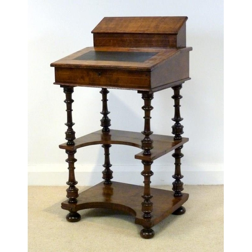 748 - A Victorian burr yew Davenport type desk, with boxwood inlay and stringing, raised on turned legs wi... 