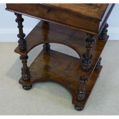 748 - A Victorian burr yew Davenport type desk, with boxwood inlay and stringing, raised on turned legs wi... 